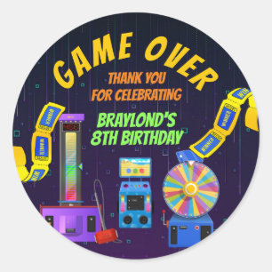 Sticker Rond Merci pour un anniversaire de jeu et d'arcade