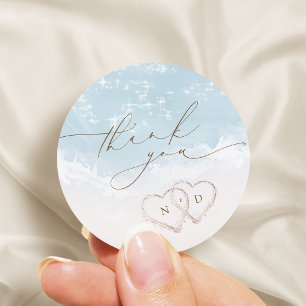 Sticker Rond Merci pour un mariage sur la plage avec des coeurs