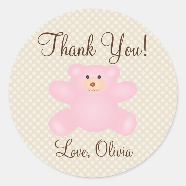 Sticker Rond Merci Pour Venir Baby shower Fille Ours Teddy (Devant)
