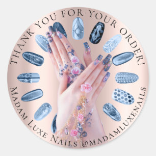 Sticker Rond Merci Pour Votre Commande Mains Fleurs Bleus ongle