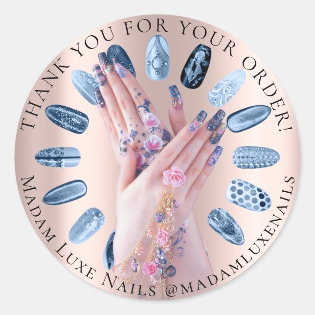 Sticker Rond Merci Pour Votre Commande Mains Fleurs Bleus ongle (Devant)