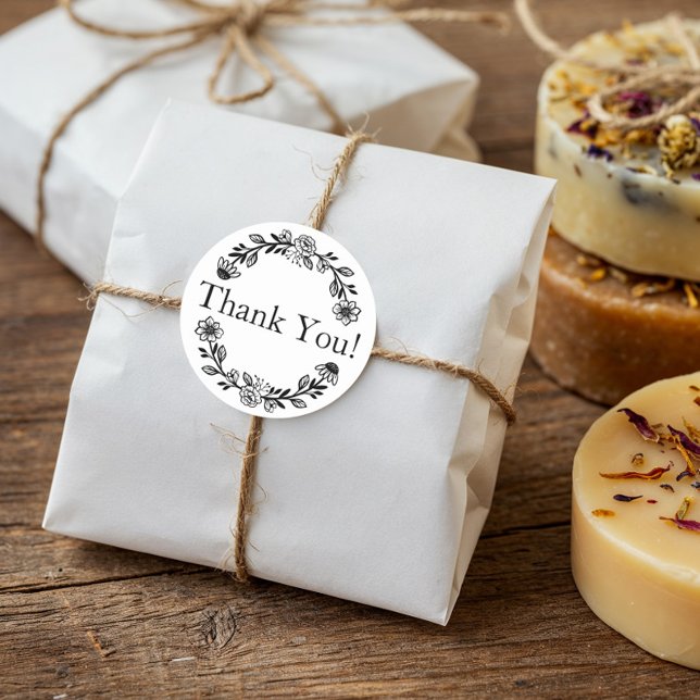 Sticker Rond Merci Pour Votre Entreprise Florale Wreath (Thank You For Your Business Floral Wreath Classic Round Sticker)