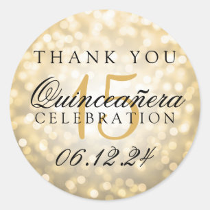 Sticker Rond Merci Quinceanera Anniversaire Gold Bokeh Lumières