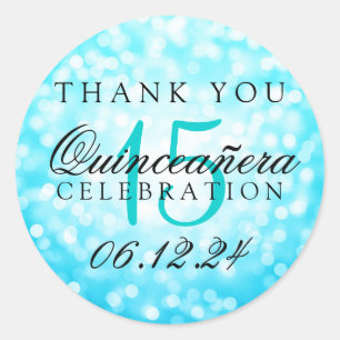 Sticker Rond Merci Quinceanera Lumières Turquoise Bokeh