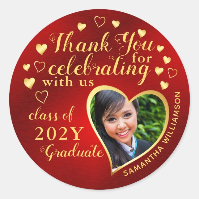 Sticker Rond Merci Red & Gold 2025 Party Graduation Favor (Devant)