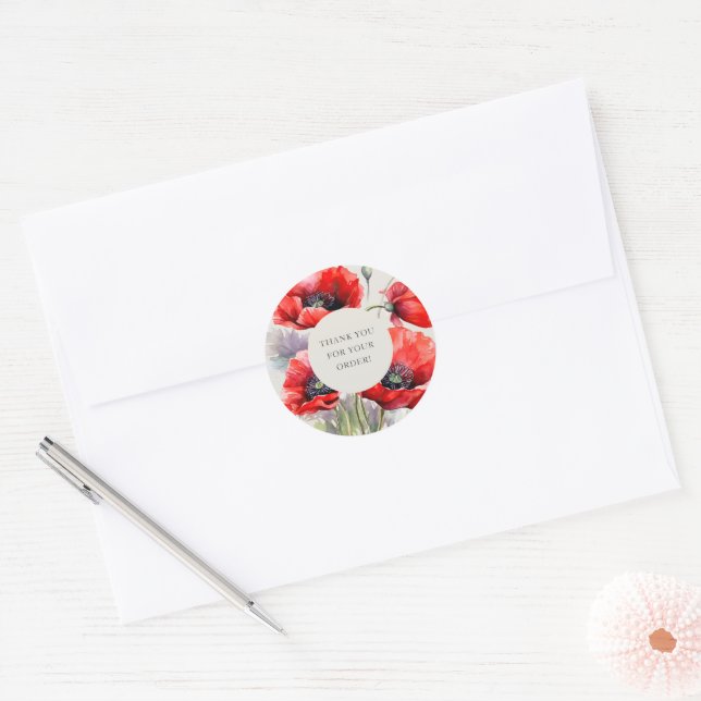 Sticker Rond Merci Red Poppy pour votre commande (Enveloppe)