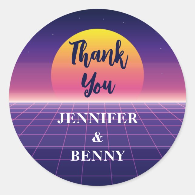 Sticker Rond Merci Retro 80 Neon Violet Synthwave Coucher de So (Devant)