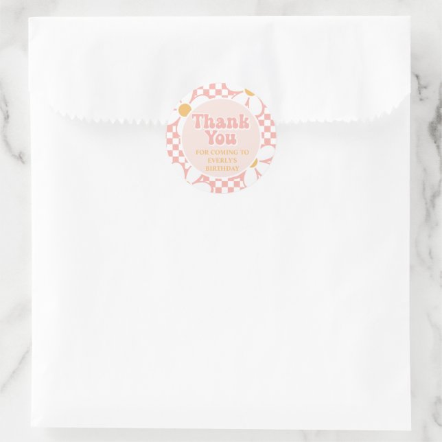 Sticker Rond Merci rétro Pink Daisy Checker (Sac)