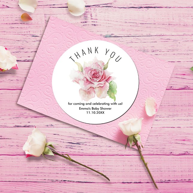 Sticker Rond Merci Romantique Rose Tendre (Romantic Soft Pink Thank You Classic Round Sticker #zazzle made #romanticthankyousticker #watercolor)