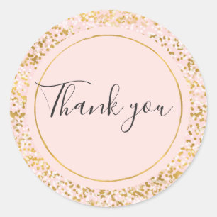 Sticker Rond Merci rose blanc de confettis d'or