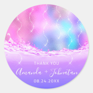 Sticker Rond Merci Rose Nom Date Spark Ocean Waves Pink