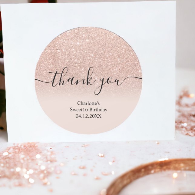 Sticker Rond Merci rose or parties scintillant ombre Sweet 16 (Thank you rose gold glitter ombre Sweet 16 Classic Round Sticker)