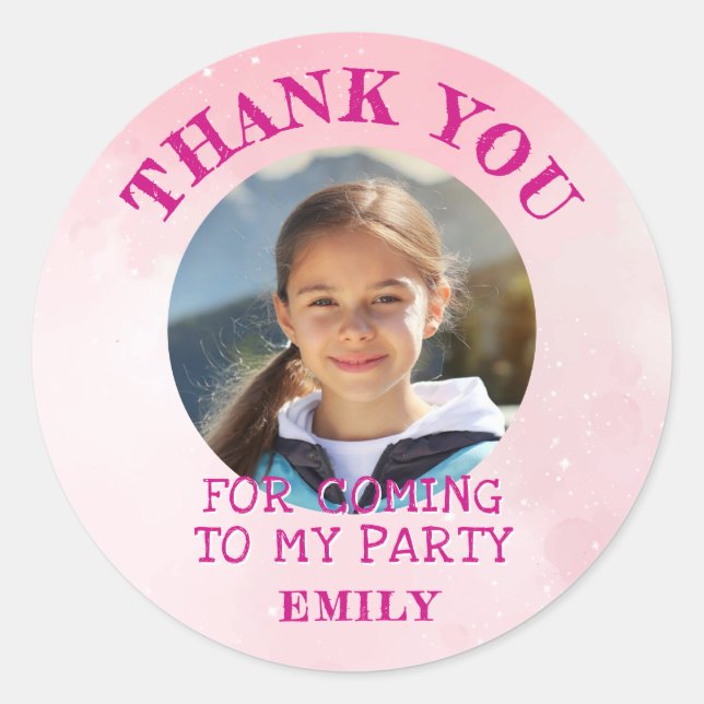 Sticker Rond Merci rose photo d'anniversaire fille (Devant)