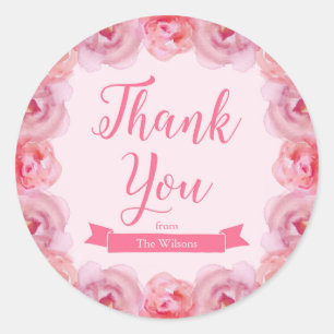 Sticker Rond Merci Rose rose Aquarelle