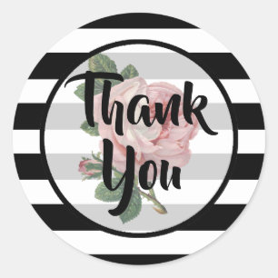 Sticker Rond Merci Rose Vintage Rose Noir et Blanc
