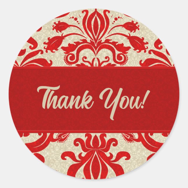 Sticker Rond Merci rouge et goupe Damask (Devant)