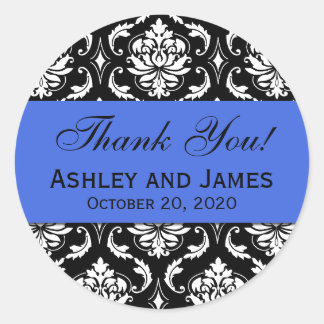 Sticker Rond Merci Royal Blue Black Mariage Damask