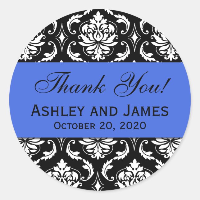 Sticker Rond Merci Royal Blue Black Mariage Damask (Devant)