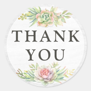 Sticker Rond Merci Rustique Bois Aquarelle Succulent Cactus