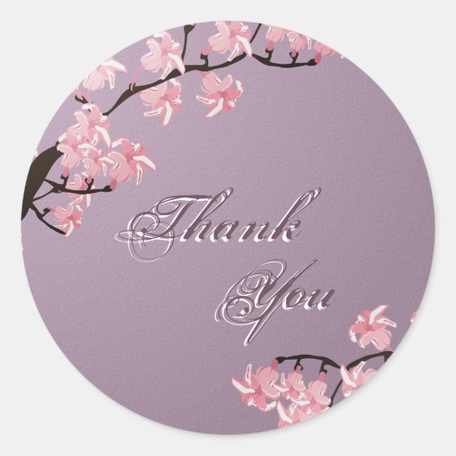 Sticker Rond Merci Sceau violet rose cerisier fleurie Mariage (Devant)