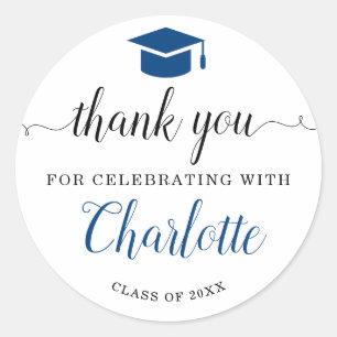 Sticker Rond Merci Script Blue Grad Grad Graduation Party Favor