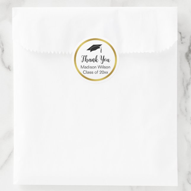 Sticker Rond Merci Script Graduation Black White Gold (Sac)