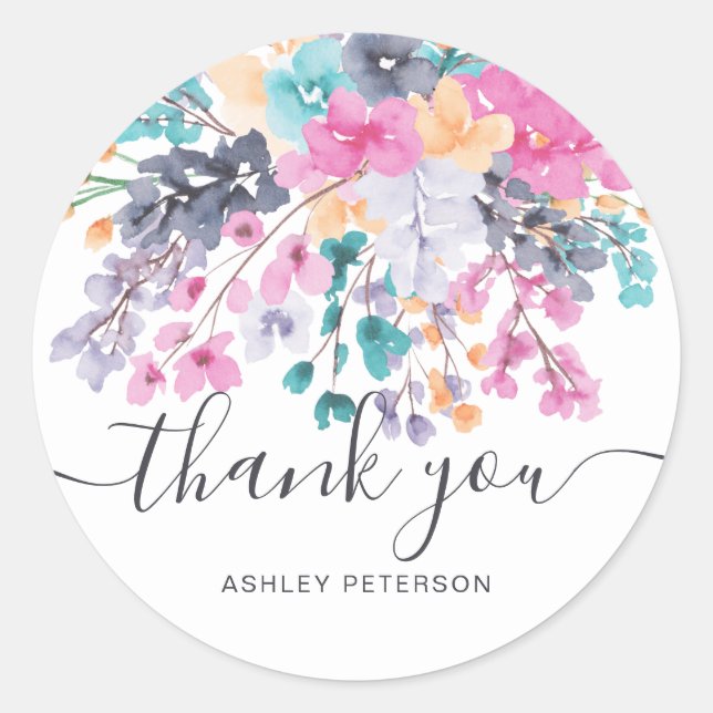 Sticker Rond Merci script séché floral sauvage aquarelle (Devant)