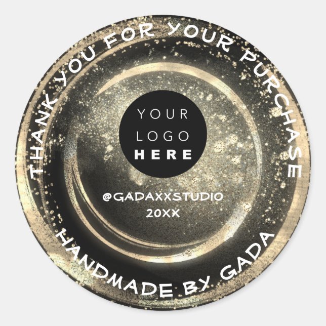 Sticker Rond Merci Shopping Logo artisanal Noir Blanc Or (Devant)