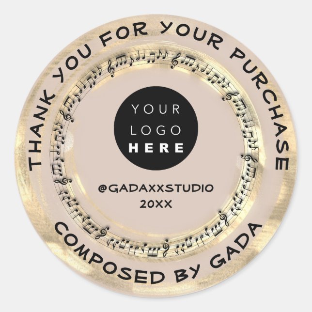 Sticker Rond Merci Shopping Music Logo Notes Chanson Gold (Devant)
