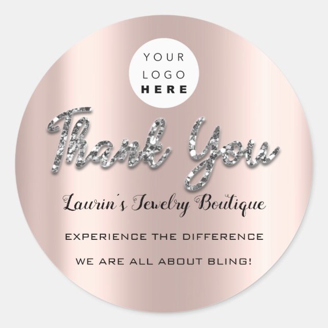 Sticker Rond Merci Silver Script Name Online Shop Web Logo (Devant)