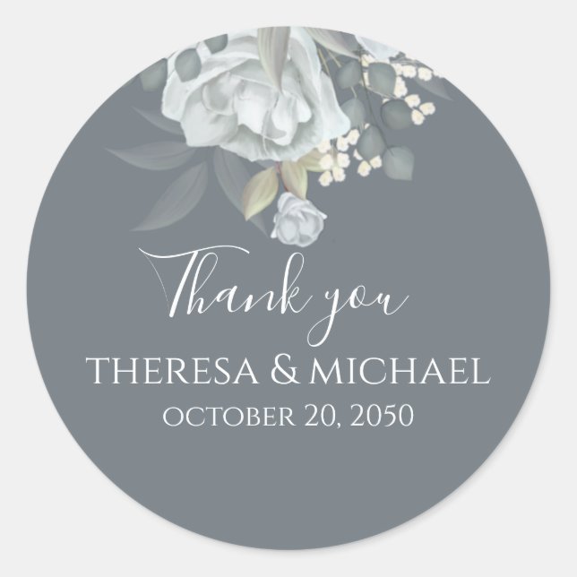 Sticker Rond Merci Simple Bleu Floral Élégant Favoriser (Devant)