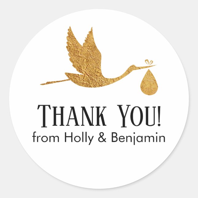 Sticker Rond Merci simple Faux Gold Stork ! Baby shower (Devant)