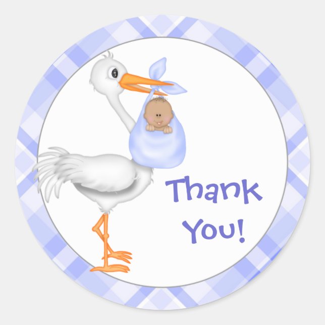 Sticker Rond Merci Stork & Baby Boy (peau foncée) (Devant)