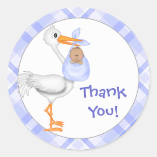 Sticker Rond Merci Stork & Baby Boy (peau foncée)