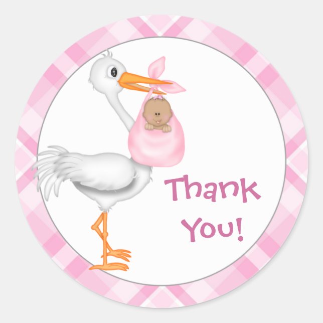 Sticker Rond Merci Stork & Baby Girl (peau foncée) (Devant)