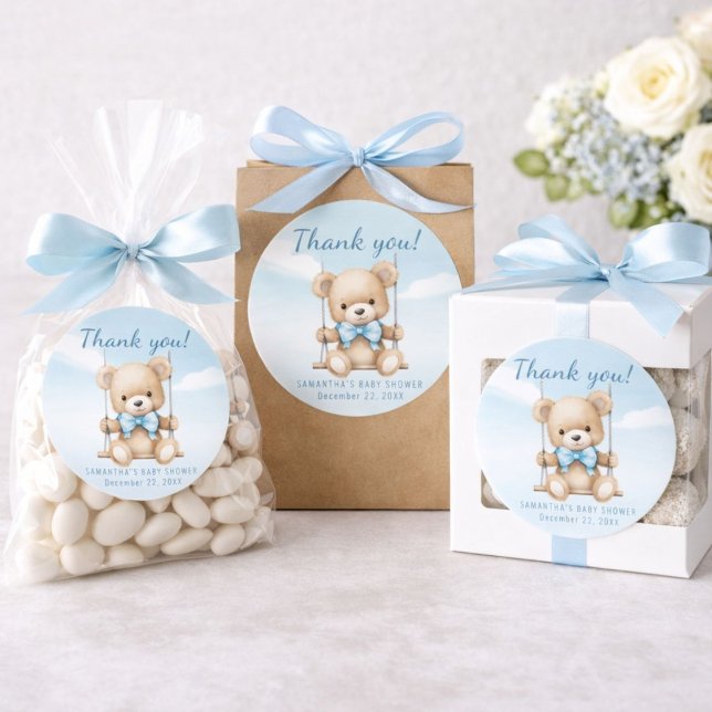 Sticker Rond Merci Teddy Bear Baby shower garçon (Baby shower thank you stickers perfect for favor bags, treat boxes, and party giveaways)