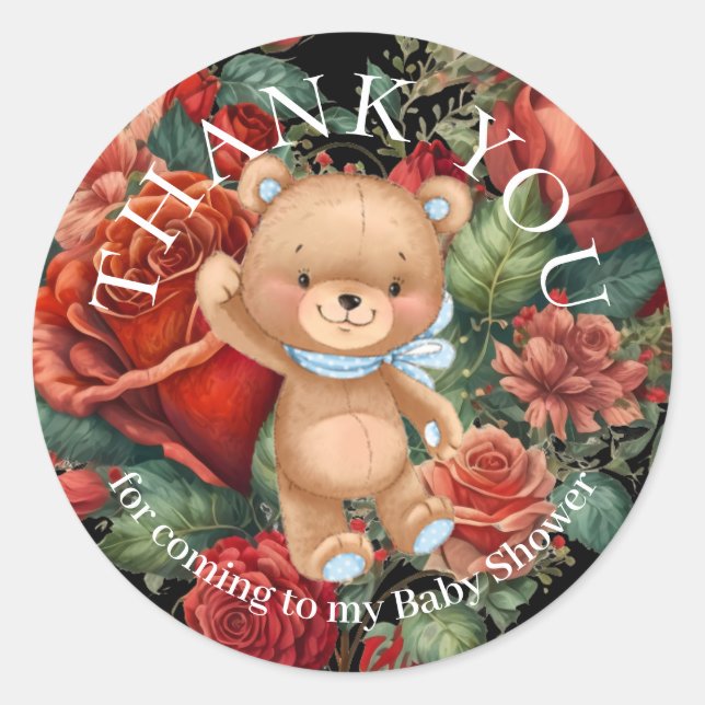 Sticker Rond Merci Teddy Bear Blue Rose Foral (Devant)