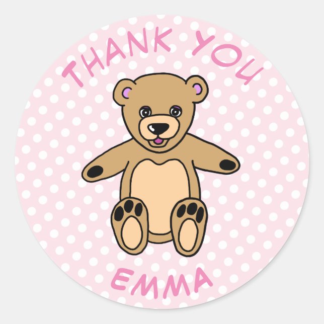 Sticker Rond Merci Teddy Bear Nom Points Rose (Devant)