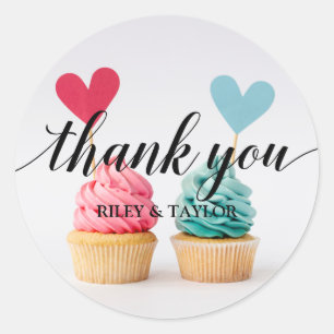 Sticker Rond Merci Texte Pink Blue Heart Cupcakes