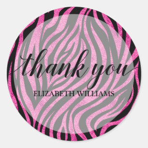 Sticker Rond Merci Texte rose Zebra