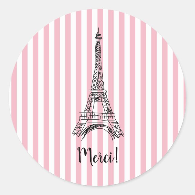 Sticker Rond Merci Tour Eiffel Paris Bande rose (Devant)