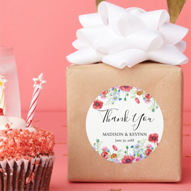 Sticker Rond Merci typographie pastel prairie fleurs sauvages  (Fête)