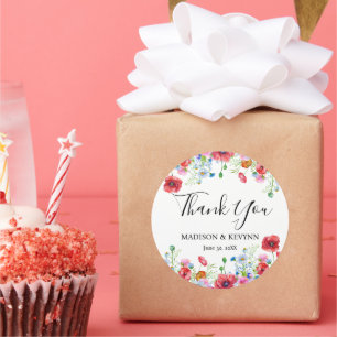 Sticker Rond Merci typographie pastel prairie fleurs sauvages