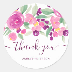 Sticker Rond Merci typographie violet chic aquarelle florale