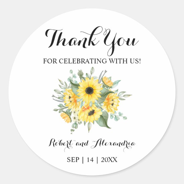 Sticker Rond Merci verdoyant des tournesols pour le Mariage à v (Devant)