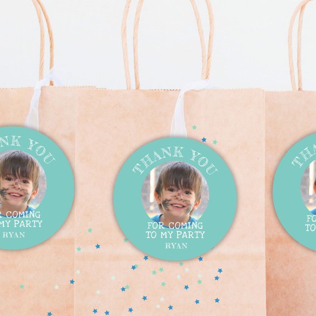 Sticker Rond Merci vert photo d'anniversaire du garçon (Créateur téléchargé)