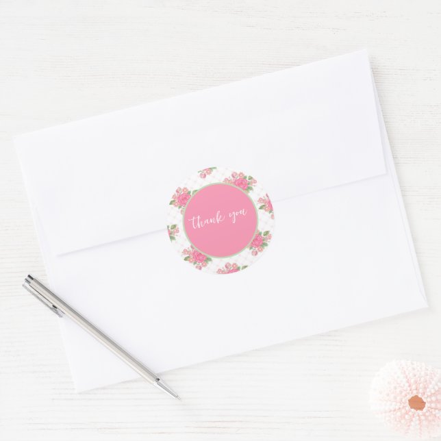 Sticker Rond Merci vert Rose Vintage rose Eucalyptus (Enveloppe)