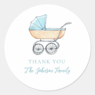 Sticker Rond Merci vintage Watercolor Blue Stroller