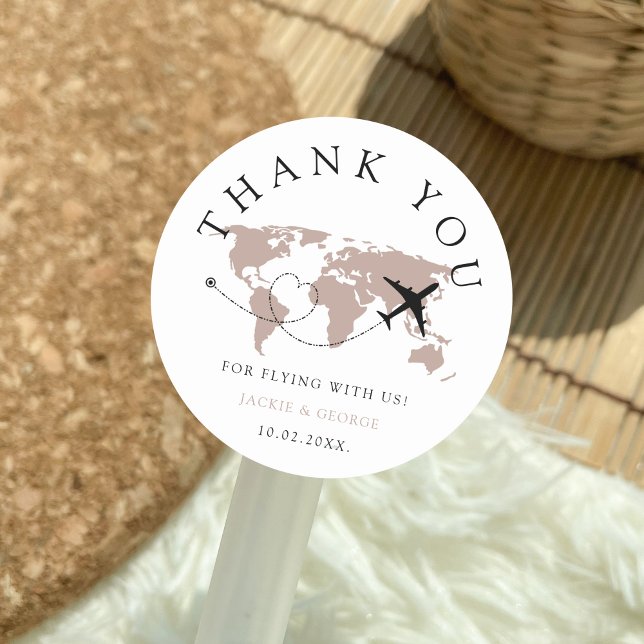 Sticker Rond Merci Voyage Mariage Monde Carte Beige (Thank you for flying with us Destination Wedding Sticker Beige World Map Airplane Minimalist)