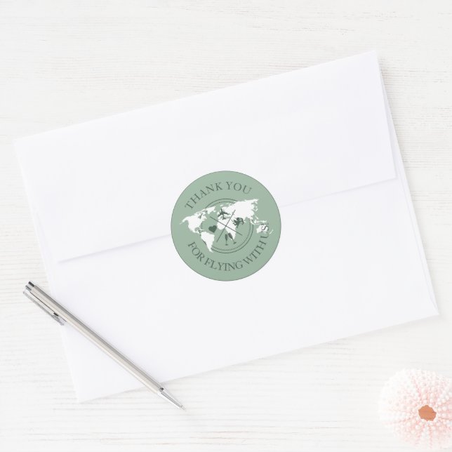Sticker Rond Merci Voyage Mariage Monde Carte Boho Sage Green (Enveloppe)